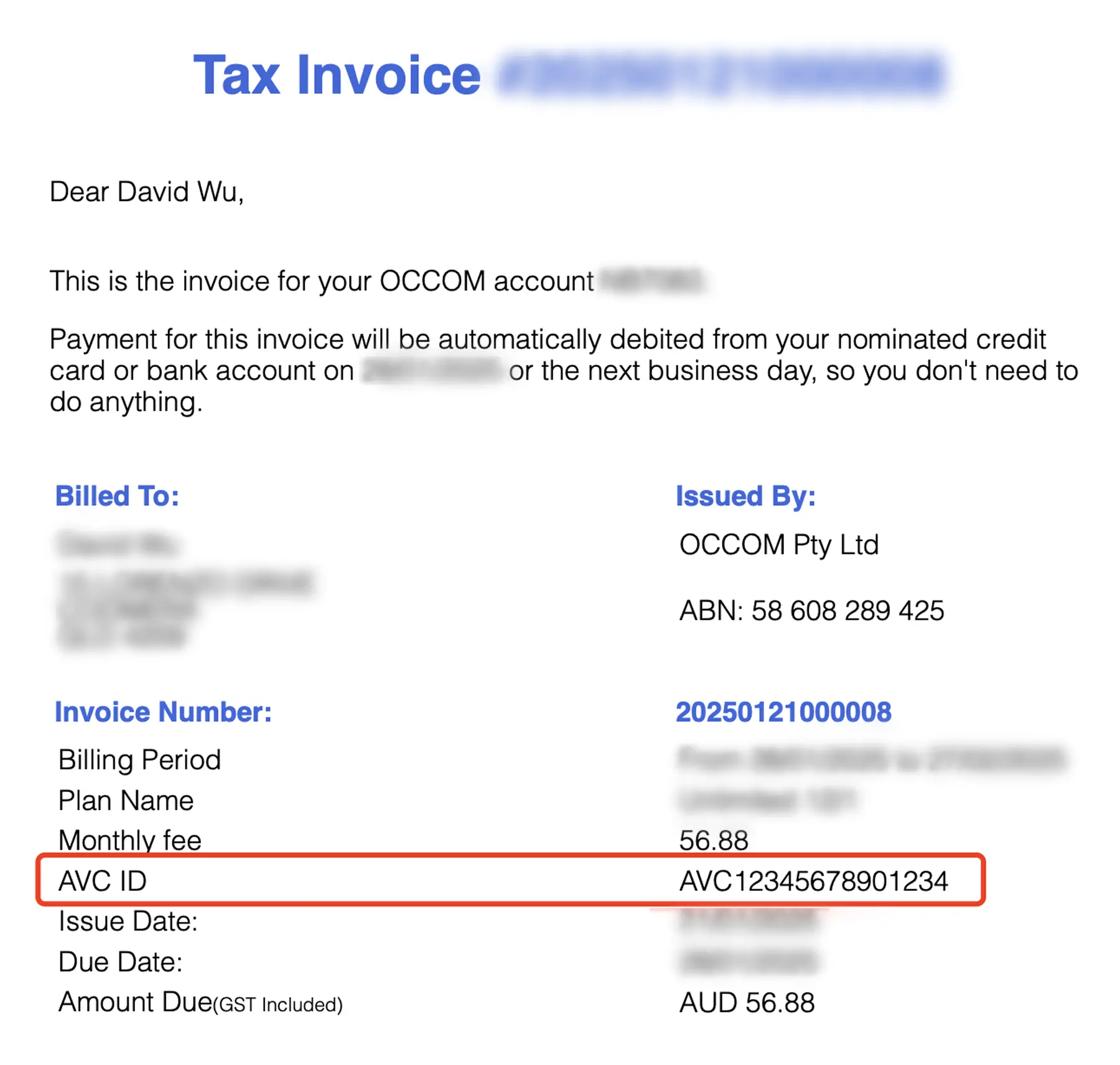 AVC ID on Occom tax Invoice